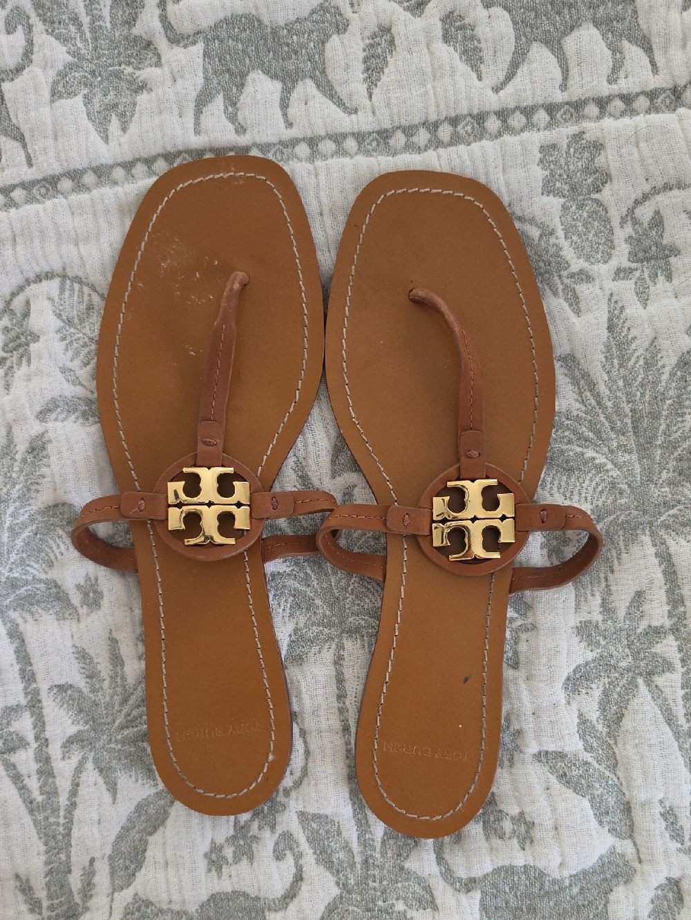Tory Burch Tan Leather Logo Thong Sandals with Gold Emblem